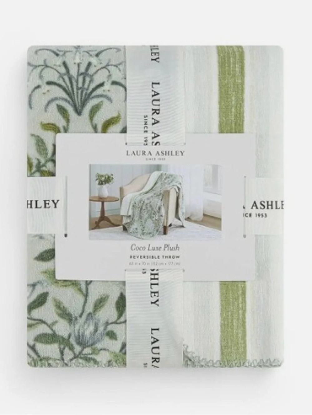 Laura Ashley Green Botanical Stripe Reversible Throw Throw